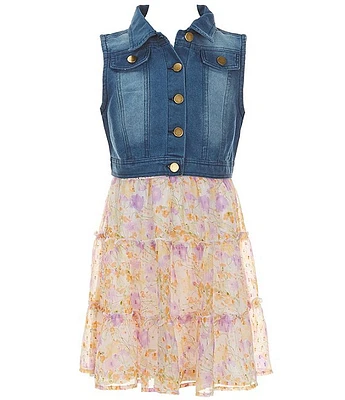 Rare Editions Big Girls 7-16 Sleeveless Denim Vest & Floral Fit-And-Flare Dress Set