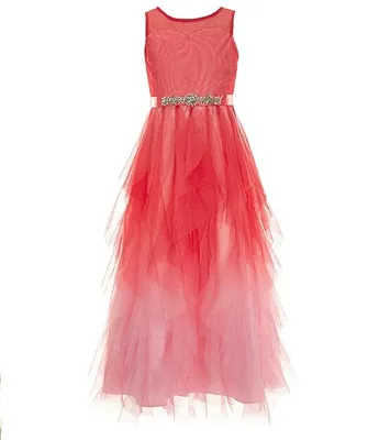 Rare Editions Big Girls 7-16 Sleeveless Glitter-Accented Mesh Bodice/Two-Tone Cascading Ruffled Skirted Ballgown