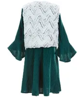 Rare Editions Big Girls 7-16 Sleeveless Printed Faux Fur Vest & Bell Sleeve Brushed Knit Shift Dress Set