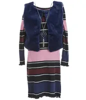 Rare Editions Big Girls 7-16 Solid Faux Fur Vest & Long Sleeve Wide/Thin Striped Chunky Rib Knit Sheath Dress Set