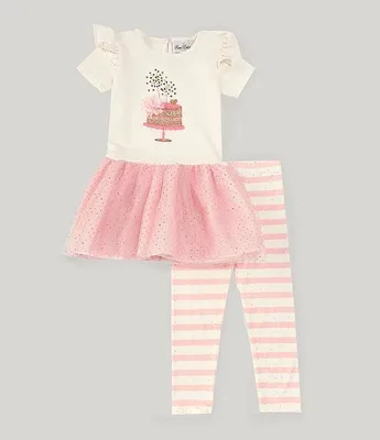 Rare Editions Little Girls 2T-6X 3/4 Sleeve Birthday Cake Fit-And-Flare Dress & Striped Leggings Set