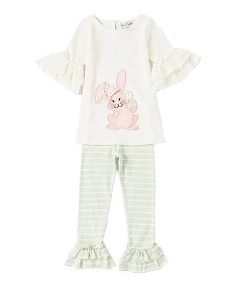 Rare Editions Little Girls 2T-6X 3/4 Sleeve Easter Bunny Applique Tunic Top & Striped Ruffle Leg Leggings Set