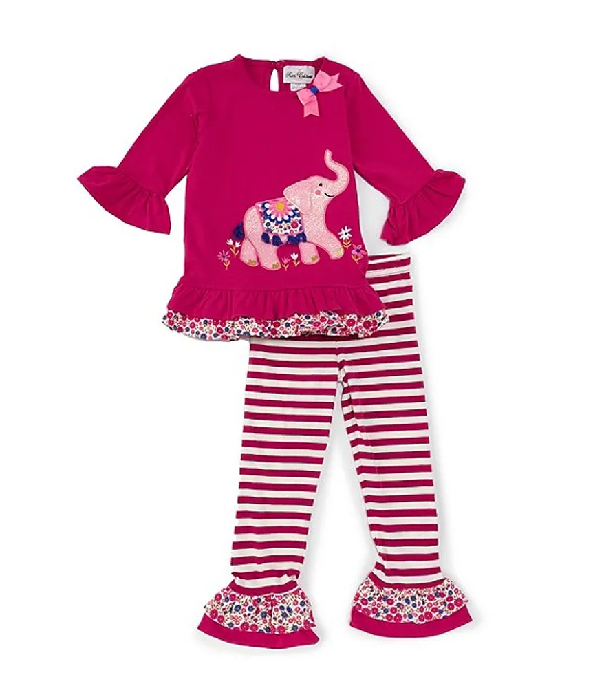 Rare Editions Little Girls 2T-6X 3/4-Sleeve Elephant Applique Tunic Top &  Ruffle-Hem Striped Leggings Set