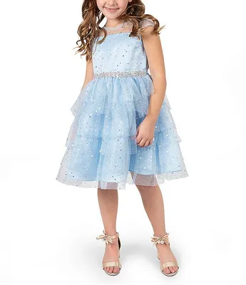Rare Editions Little Girls 2T-6X Cap Sleeve Illusion Yoke Foil Dot Mesh Embellished Waist Layered Skirt Fit & Flare Dress
