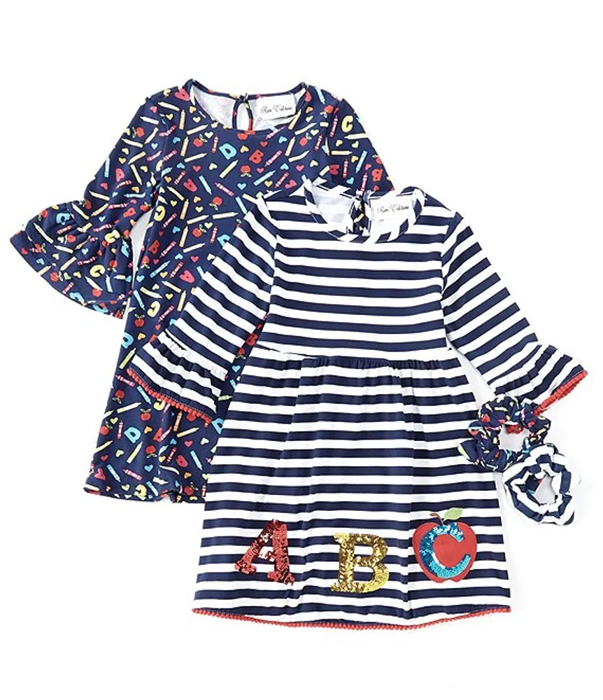 Rare Editions Little Girls 2T-6X Crayon-Printed Shift Dress, Striped Sequin ABC Dress & Coordinating Scrunchies Set