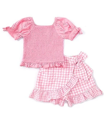 Rare Editions Little Girls 2T-6X Eyelet-Embroidered-Puffed-Sleeve Knit Top & Gingham Seersucker Skort Set