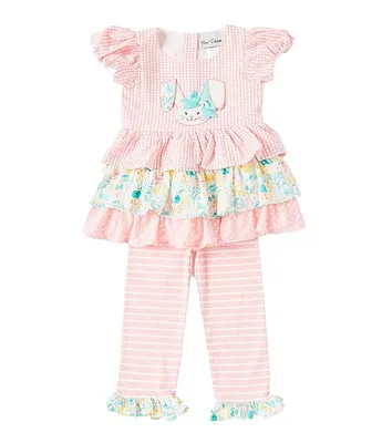 Rare Editions Little Girls 2T-6X Flutter Sleeve Mixed Media Bunny Face Applique Tunic & Ruffle-Hem Striped Leggings Set