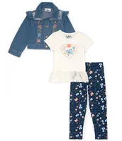Rare Editions Little Girls 2T-6X Long Sleeve Denim Jacket, Lace-Hem Knit Top & Printed Leggings Set