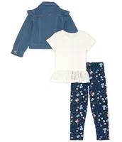 Rare Editions Little Girls 2T-6X Long Sleeve Denim Jacket, Lace-Hem Knit Top & Printed Leggings Set