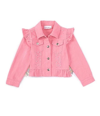 Girls Like Us Little 2T-6X Long-Sleeve Embellished Fringe-Accented Ruffle Denim Jacket