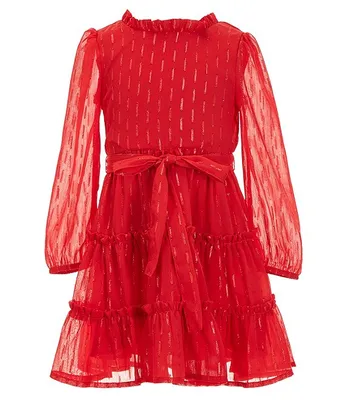 Rare Editions Little Girls 2T-6X Long Sleeve Foiled Chiffon Foil Chiffon Ruffled Fit-And-Flare Dress