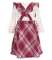 Rare Editions Little Girls 2T-6X Long-Sleeve Heart Printed Top With Plaid Fleece Jumper Dress