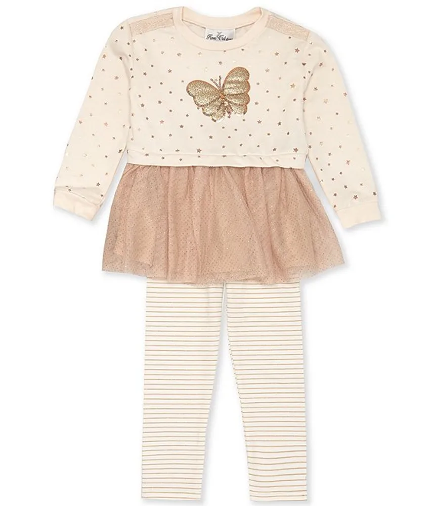 Rare Editions Little Girls 2T-6X Long Sleeve Sequin-Embellished Butterfly Motif Tutu Sweatshirt & Striped Leggings Set