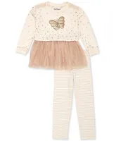 Rare Editions Little Girls 2T-6X Long Sleeve Sequin-Embellished Butterfly Motif Tutu Sweatshirt & Striped Leggings Set