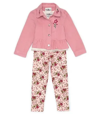 Rare Editions Little Girls 2T-6X Long Sleeve Twill Jacket, Cap Floral Knit T-Shirt & Leggings Set