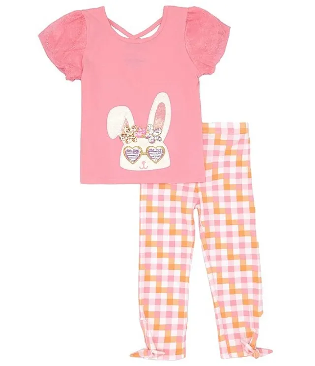 Girls Ruffled Bunny Mesh Floral Top and Capri Leggings Set