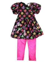 Girls Like Us Little 2T-6X Puffed-Sleeve Sequin-Embellished Star-Pattern Tunic Top & Metallic Leggings Set