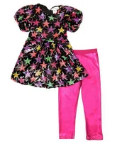 Girls Like Us Little 2T-6X Puffed-Sleeve Sequin-Embellished Star-Pattern Tunic Top & Metallic Leggings Set