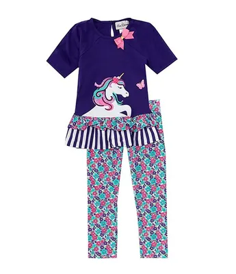 Rare Editions Little Girls 2T-6X Raglan Sleeve Unicorn Applique Tunic Top & Floral Printed Leggings Set