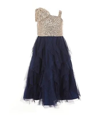 Rare Editions Little Girls 2T-6X Sequin-Embellished Asymmetrical-Neck/Glitter-Accented Mesh Skirt Fit And Flare Dress