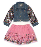 Girls Like Us Little Girls 2T-6X Sequin-Embellished-Sleeve Denim Jacket, Solid T-Shirt & Sequin Mesh Tutu Skirt Set