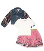 Girls Like Us Little Girls 2T-6X Sequin-Embellished-Sleeve Denim Jacket, Solid T-Shirt & Sequin Mesh Tutu Skirt Set