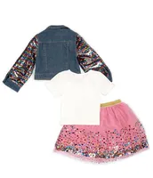 Girls Like Us Little Girls 2T-6X Sequin-Embellished-Sleeve Denim Jacket, Solid T-Shirt & Sequin Mesh Tutu Skirt Set