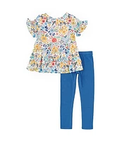 Rare Editions Little Girls 2T-6X Short Sleeve Floral Mesh Tunic Top & Solid Knit Capri Leggings Set