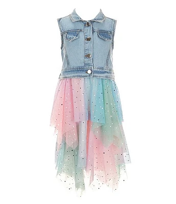 Rare Editions Little Girls 2T-6X Sleeveless Denim Vest & Glitter-Accented Ombre Asymmetrical-Skirted Dress