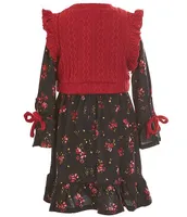 Rare Editions Little Girls 2T-6X Sleeveless Solid Sweater Knit Vest & Floral-Printed Fit And Flare Dress Set