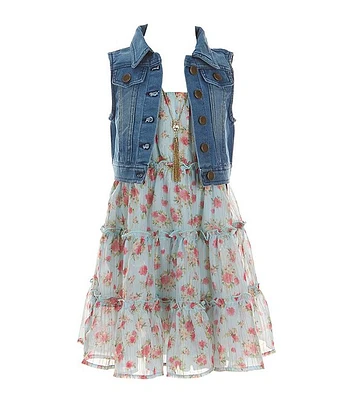 Rare Editions Little Girls 4-6X Sleeveless Denim Vest & Ditsy Floral-Printed Fit Flare Dress