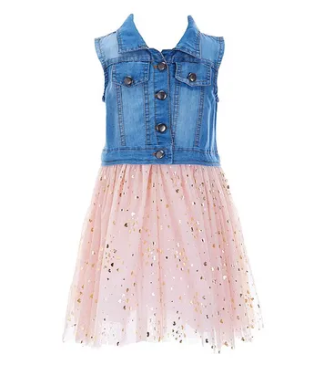 Rare Editions Little Girls 4-6X Sleeveless Faux-Vested Denim Bodice/Foil-Printed Tutu-Skirted Dress