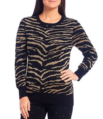 Metallic Zebra Print Jacquard Long Sleeve Pullover Sweater