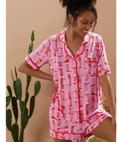 Room Service Cowboy Bouquet Print Short Sleeve Notch Collar Knit Pajama Set