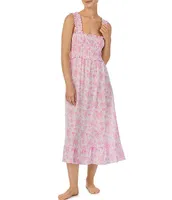 Room Service Satin Floral Print Sleeveless Straight Neck Smocked Maxi Chemise