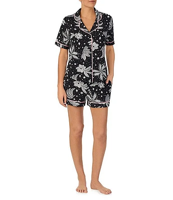 Room Service Short Sleeve Notch Collar Jersey Knit Allover Printed Matching Shorts Pajama Set