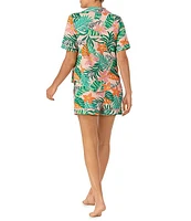 Room Service Short Sleeve Notch Collar Jersey Knit Jungle Floral Matching Shorts Pajama Set