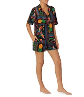 Room Service Tropical Patchwork Print Short Sleeve Notch Collar Woven Shorty Pajama Set