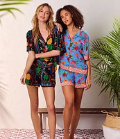 Room Service Tropical Patchwork Print Short Sleeve Notch Collar Woven Shorty Pajama Set