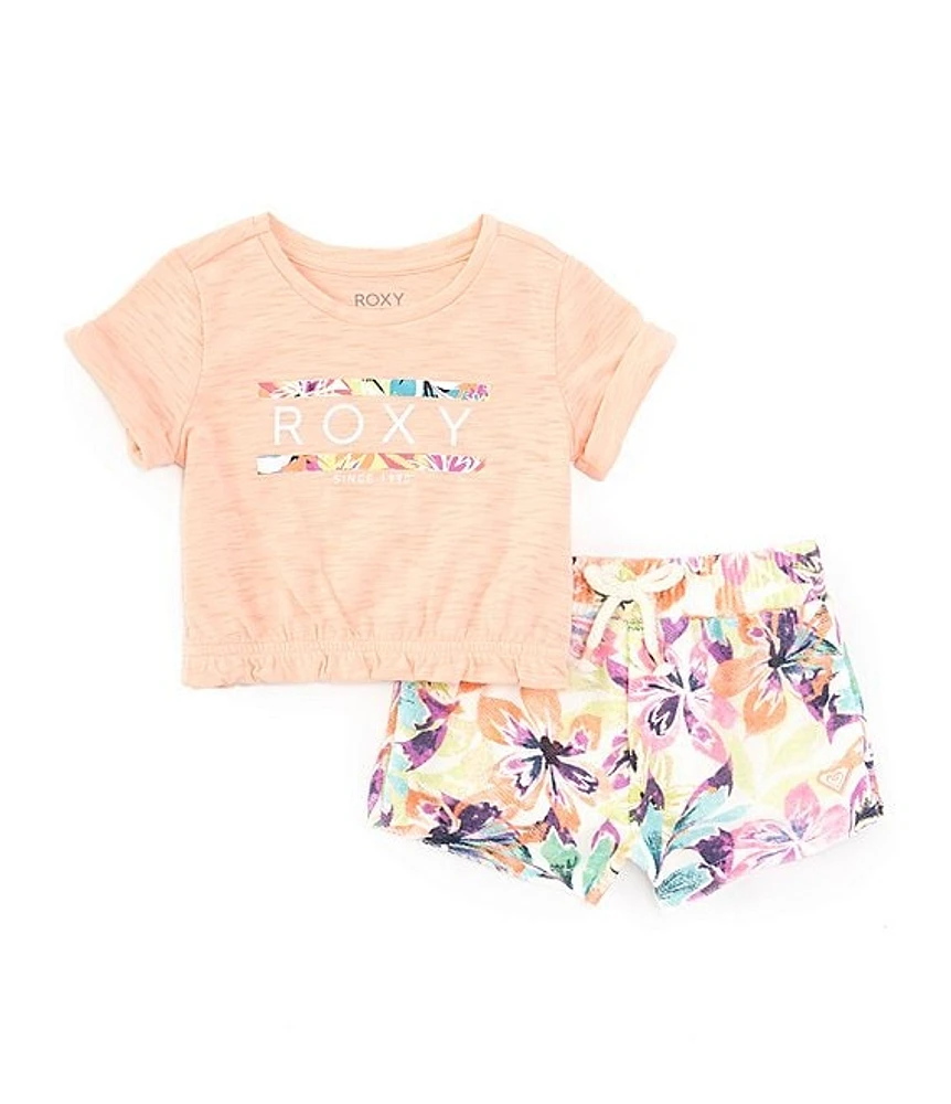 Roxy Baby Girls 12-24 Months Short-Sleeve Logo Slub-Jersey T-Shirt & Floral-Printed Loop French Terry Shorts Set