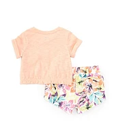 Roxy Baby Girls 12-24 Months Short-Sleeve Logo Slub-Jersey T-Shirt & Floral-Printed Loop French Terry Shorts Set