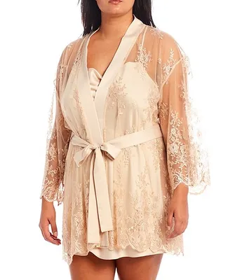 Rya Collection Plus Lace Short Wrap Banded Collar 3/4 Sleeve Robe