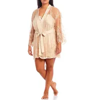 Rya Collection Plus Lace Short Wrap Banded Collar 3/4 Sleeve Robe