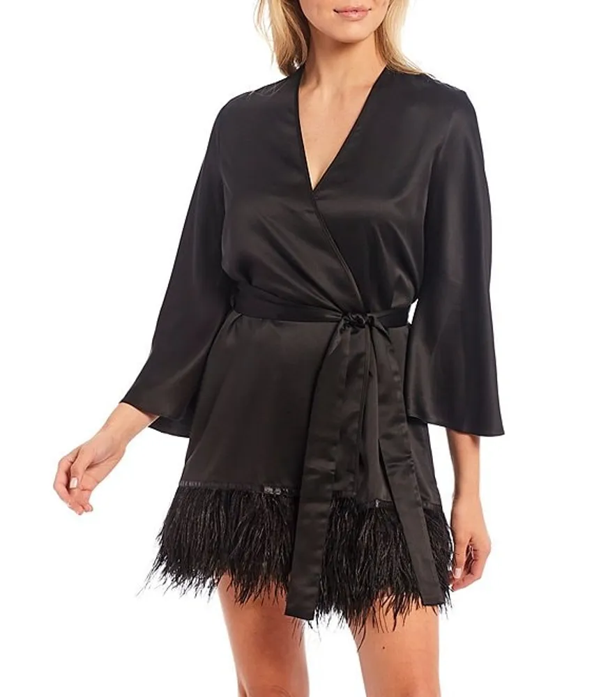 Rya Collection Swan Charmeuse Ostrich Feather Trim Hem 3/4 Sleeve Robe