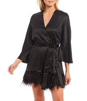 Rya Collection Swan Charmeuse Ostrich Feather Trim Hem 3/4 Sleeve Robe