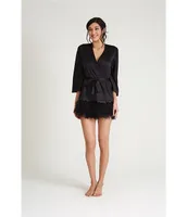 Rya Collection Swan Charmeuse Ostrich Feather Trim Hem 3/4 Sleeve Robe