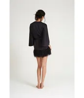 Rya Collection Swan Charmeuse Ostrich Feather Trim Hem 3/4 Sleeve Robe