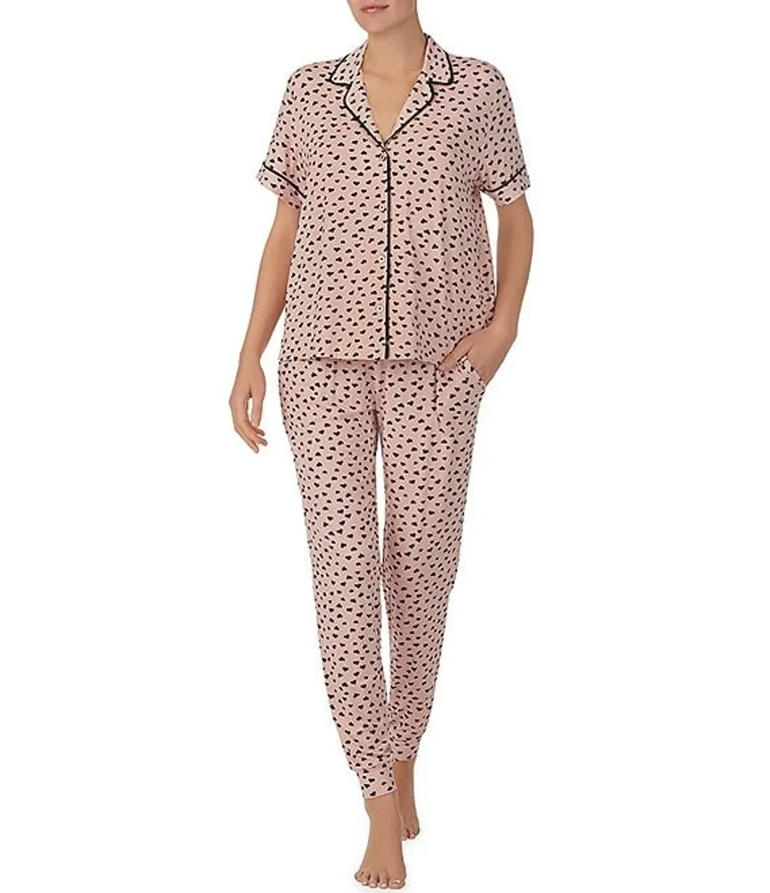 Sanctuary Knit Heart Print Short Sleeve Notch Collar Top & Jogger Pajama Set