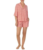 Sanctuary Knit Leopard Print Notch Collar Button Front 3/4 Sleeve Elastic Waist Short Pajama Set