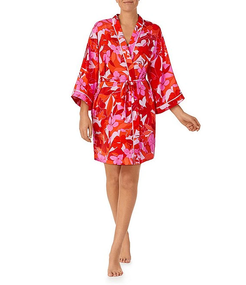 Sanctuary Satin Floral 3/4 Sleeve Short Wrap Robe